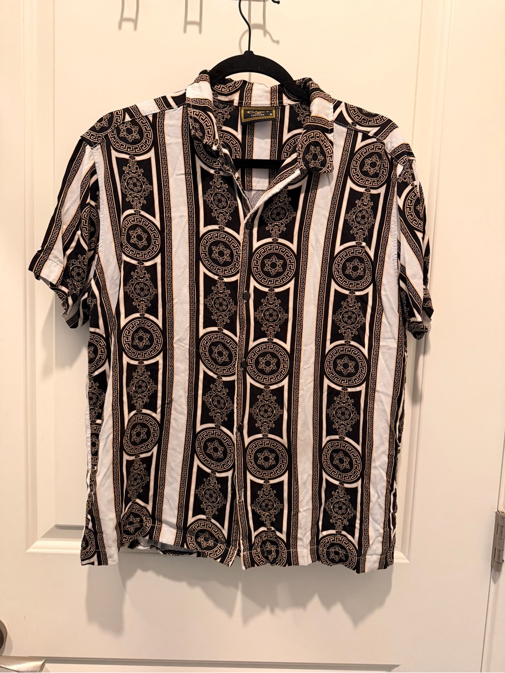 Casa Moda Couture Baroque Greek Key Print Short Sleeve Button Down Shirt Size M
